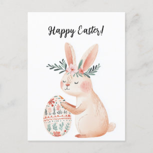 Cartão Postal De Festividades belo coelho bonito com flores e Páscoa