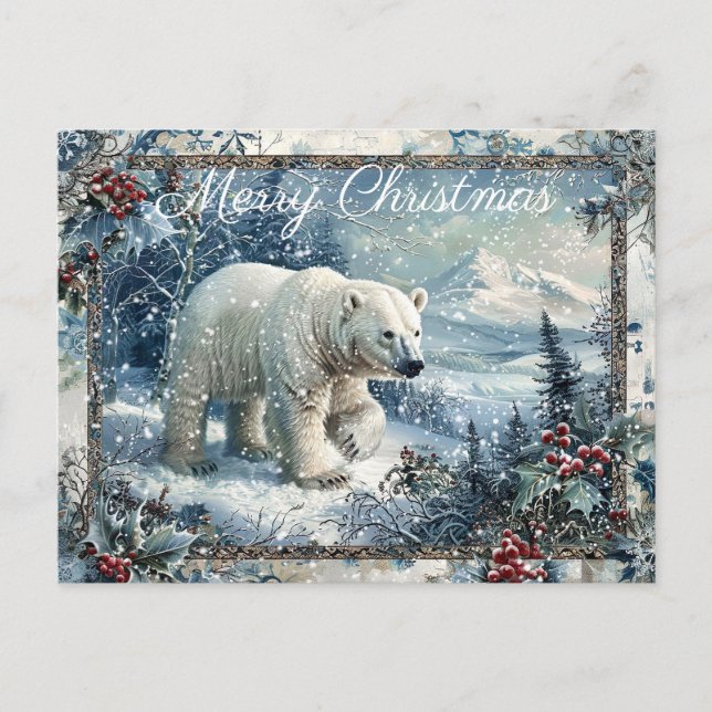 Cartão Postal De Festividades Belo Urso Polar no Natal (Frente)