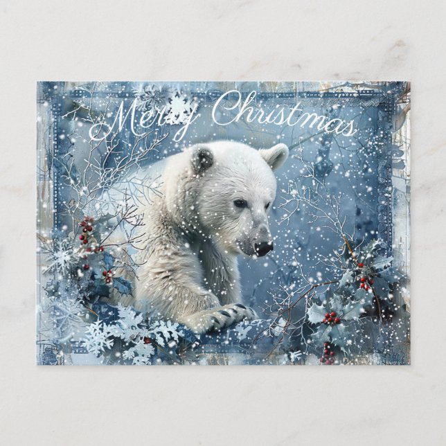 Cartão Postal De Festividades Belo Urso Polar no Natal (Frente)