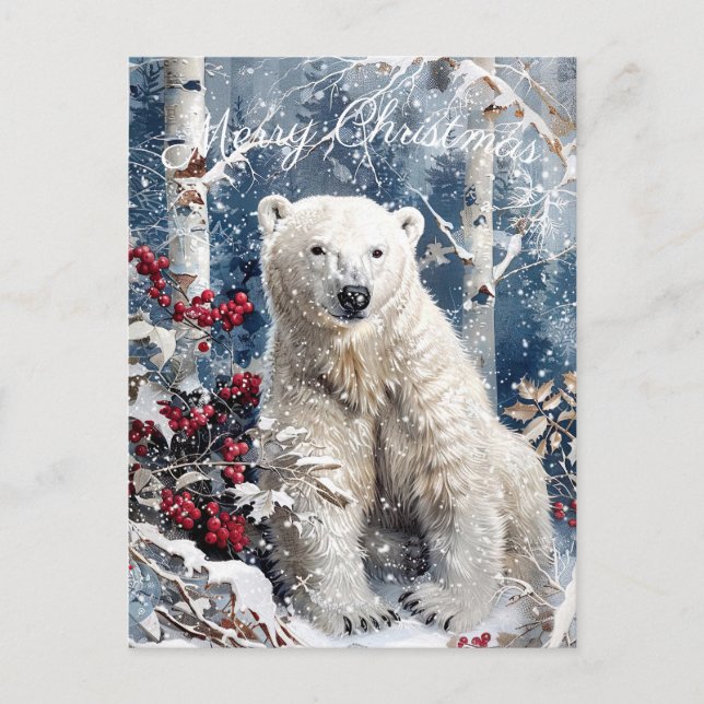 Cartão Postal De Festividades Belo Urso Polar no Natal (Frente)