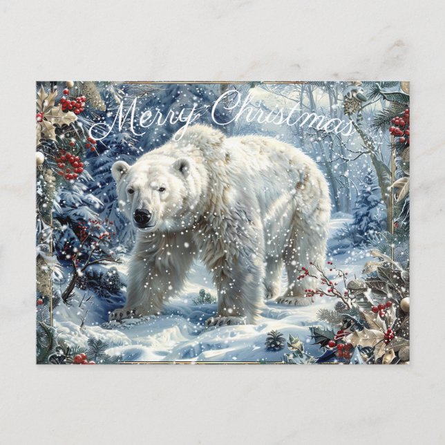 Cartão Postal De Festividades Belo Urso Polar no Natal (Frente)