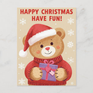 Cartão Postal De Festividades Belo Urso Santa Hat Presente Feliz Natal Holida