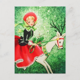 Cartão Postal De Festividades Belos Natais vintages Reindeer & Girl