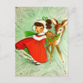 Cartão Postal De Festividades Belos Natais vintages Reindeer & Girl
