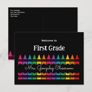 Cartão Postal De Festividades Bem-vindo de volta à escola Rainbow Crayon