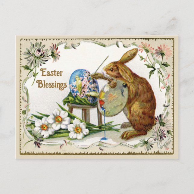 Cartão Postal De Festividades Bênçãos à páscoa Reprodução do Artista Bunny Vinta (Frente)