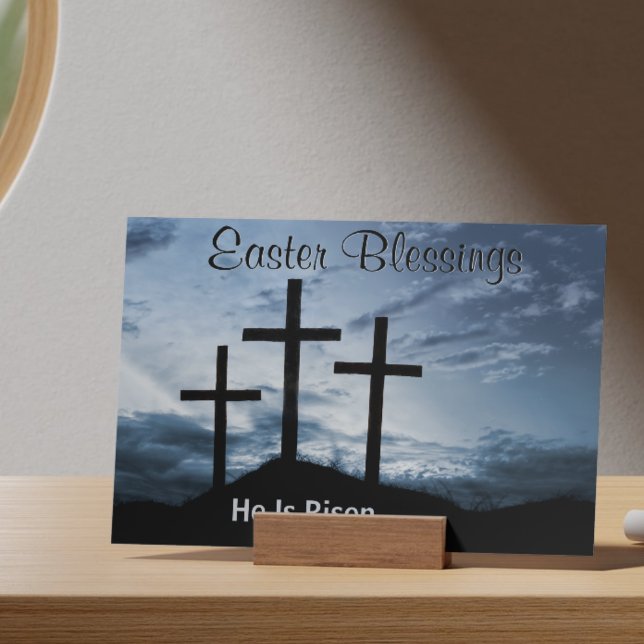 Cartão Postal De Festividades Bênçãos da Páscoa Ele Ressuscitou Cruzes Pôr do So (Easter Blessings He is Risen Crosses Blue Sunset Holiday Postcard)