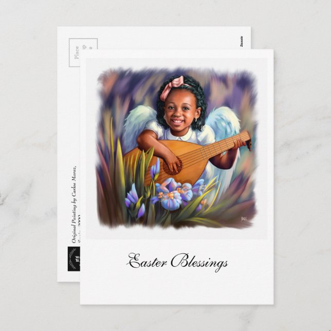 Cartão Postal De Festividades Bênçãos páscoas. Little African American Angel (Frente/Verso)
