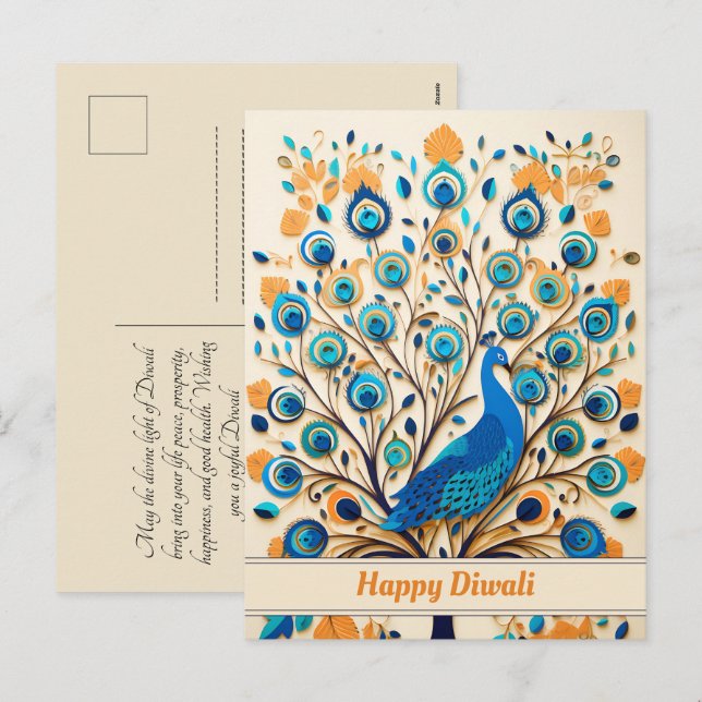 Cartão Postal De Festividades 🦚 Bênçãos Radiantes de Peacock Diwali (Frente/Verso)