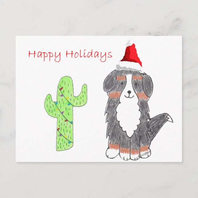 Cartão Postal De Festividades Bernese Mountain Dog Cactus Natal (Frente)