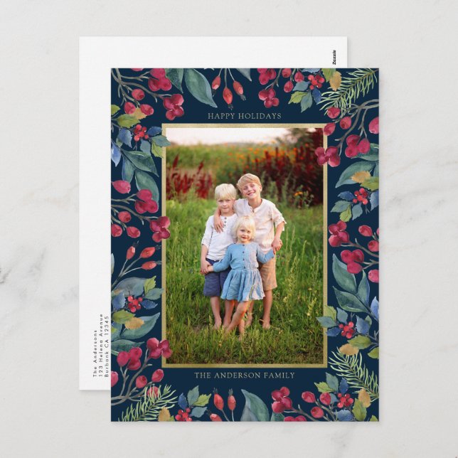 Cartão Postal De Festividades Berries Pines Gold Foil Natal (Frente/Verso)