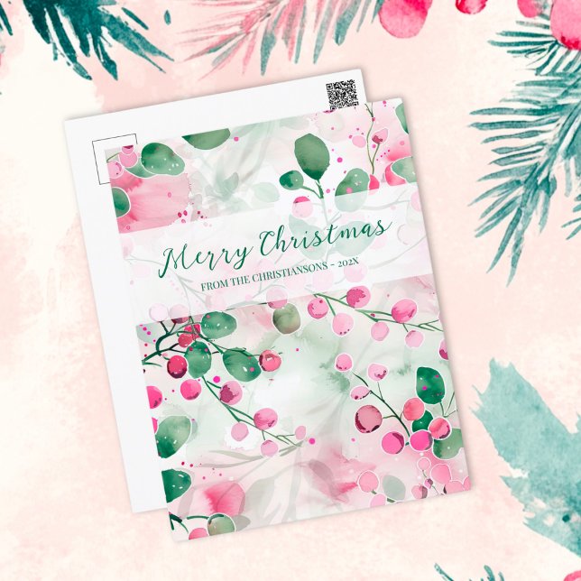 Cartão Postal De Festividades Berries Rosa Elegante Natal Floral (Pink Berries Elegant Floral Christmas Postcard)