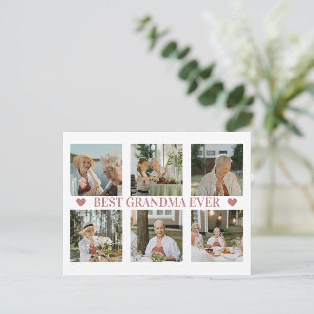 Cartão Postal De Festividades Best Grandma Ever Photo Collage – Gift with Hearts (Em pé/Frente)