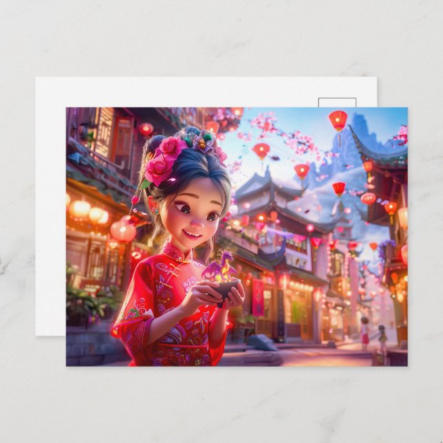 Cartão Postal De Festividades Bicicleta com Fantasia de Dragão Pequeno na Mão (Frente/Verso)