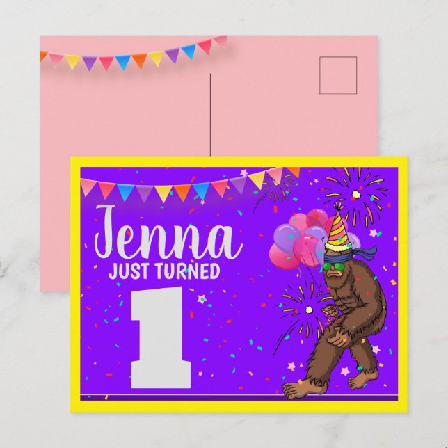 Cartão Postal De Festividades Bigfoot Cute Kids Birthday Personalize Age (Frente/Verso)