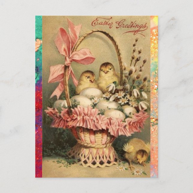 CARTÃO POSTAL DE FESTIVIDADES BILHETE ELEGANTE, GALINHAS, FLORES E OVOS LESTE (Frente)