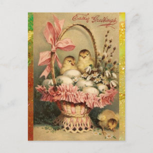 CARTÃO POSTAL DE FESTIVIDADES BILHETE ELEGANTE, GALINHAS, FLORES E OVOS LESTE