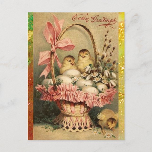 CARTÃO POSTAL DE FESTIVIDADES BILHETE ELEGANTE, GALINHAS, FLORES E OVOS LESTE (Frente)