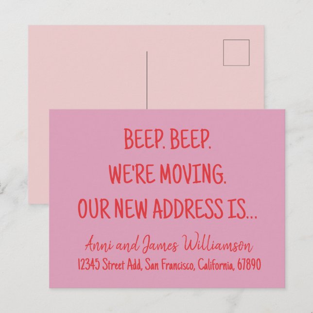 Cartão Postal De Festividades Bipe. Bipe. Estamos nos movendo. Nosso novo endere (Frente/Verso)