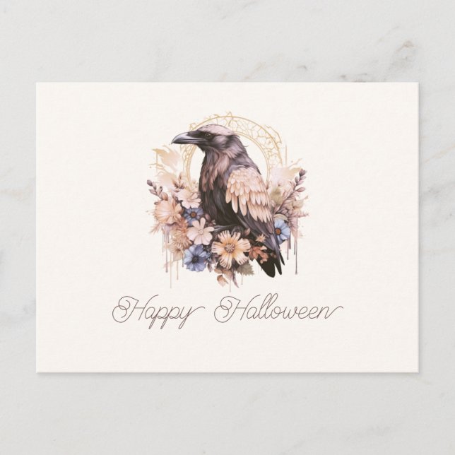 Cartão Postal De Festividades Bird Floral Happy Halloween (Frente)