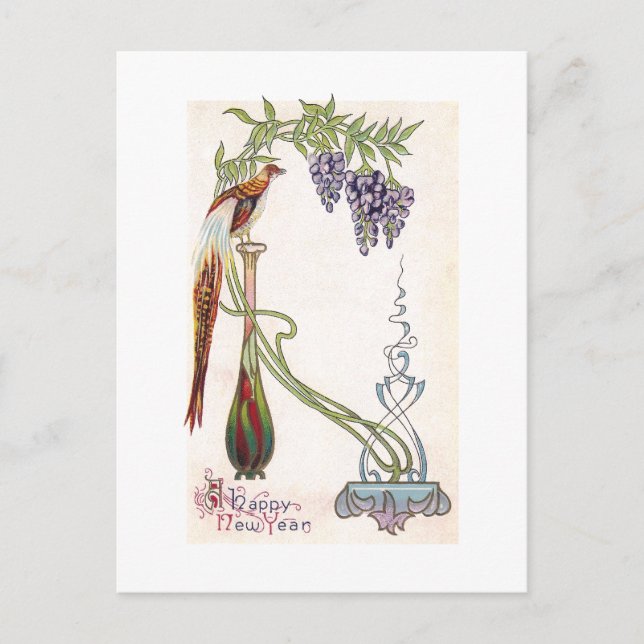 Cartão Postal De Festividades Bird, Vase e Wisteria Art Nouveau Ano Novo (Frente)