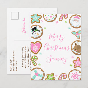 Cartão Postal De Festividades Biscoitos de Natal Rosa e Verde Feliz Natal