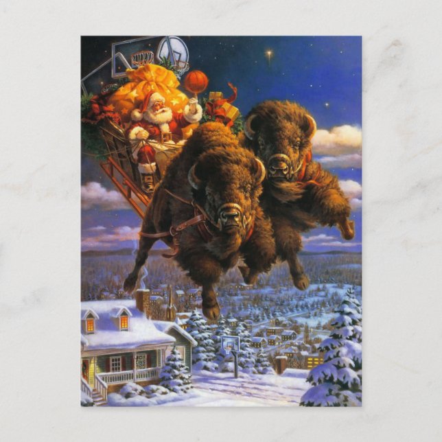 Cartão Postal De Festividades Bison Pulling Papai Noel (Frente)