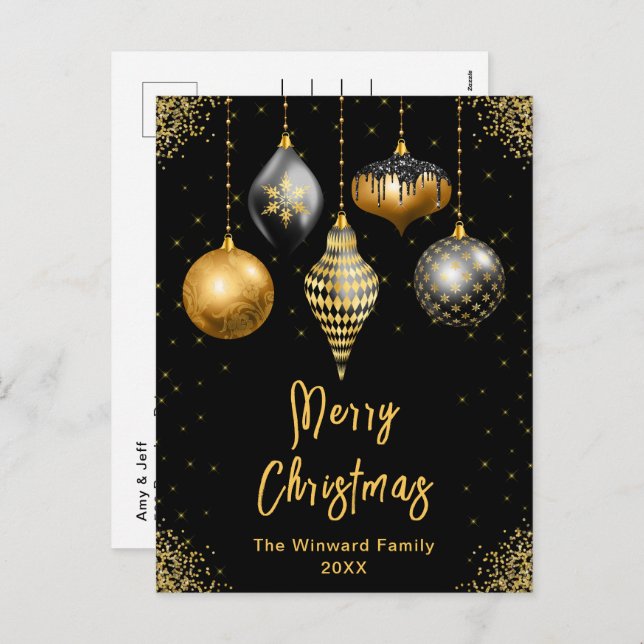 Cartão Postal De Festividades Black and Gold Ornaments Merry Christmas (Frente/Verso)