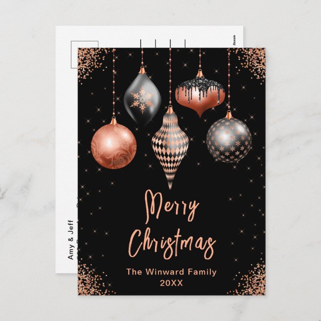 Cartão Postal De Festividades Black and Rose Gold Ornaments Merry Christmas (Frente/Verso)