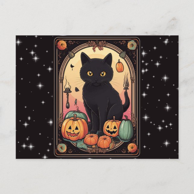 Cartão Postal De Festividades Black Cat Jack-O' Lanternas Tarot Halloween (Frente)