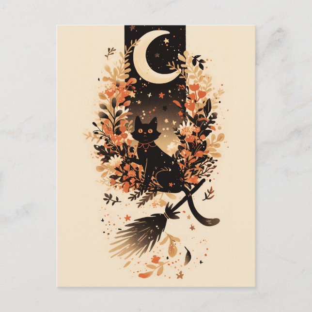 Cartão Postal De Festividades Black Cat on Witch’s Broom Under the Moon (Frente)
