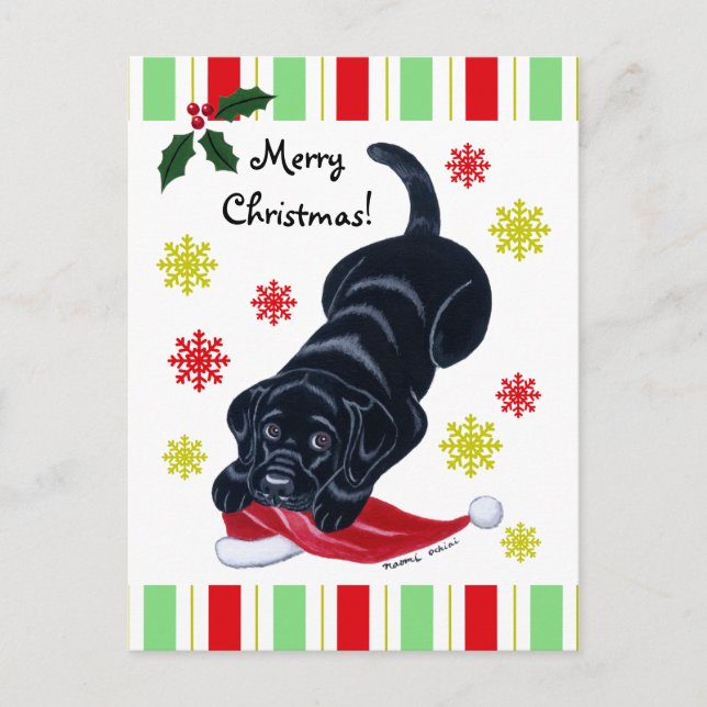 Cartão Postal De Festividades Black Labrador Puppy e Papai Noel no Natal (Frente)