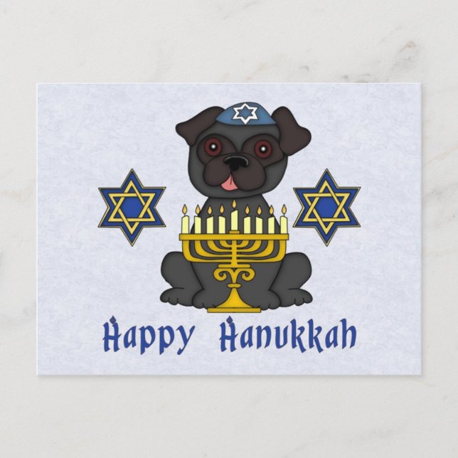 Cartão Postal De Festividades Black Pug - Hanukkah Card (Frente)