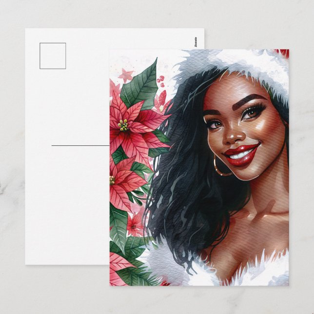 Cartão Postal De Festividades Black Woman Christmas Poinsettia (Frente/Verso)