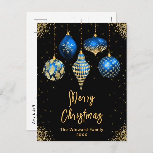 Cartão Postal De Festividades Blue and Gold Ornaments Merry Christmas (Frente/Verso)