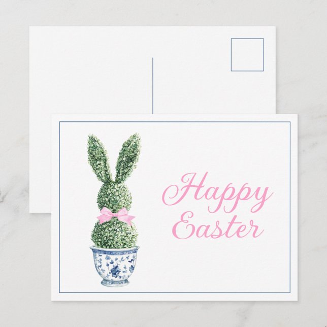 Cartão Postal De Festividades Blue and White Chinoiserie With Rabbit Topiary (Frente/Verso)