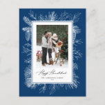 Cartão Postal De Festividades Blue Botanic Frame Happy Hanukkah Foto<br><div class="desc">Feliz Hanukkah! Envie cartões de natal com este cartão postal Hanukkah, do templo antigo. Ele apresenta a arte de linha de safra de pinecones, agulhas de pinheiros e colhões com fundo azul. Personalize adicionando sua foto, nome, ano e mensagem. Este cartão-postal de fotos clássico de Hanukkah está disponível em outras...</div>