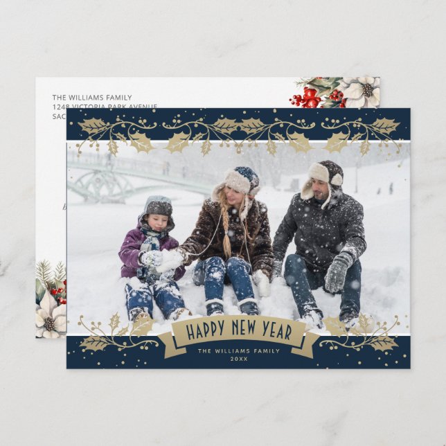 Cartão Postal De Festividades Blue Gold Holly Berries Photo Happy New Year (Frente/Verso)