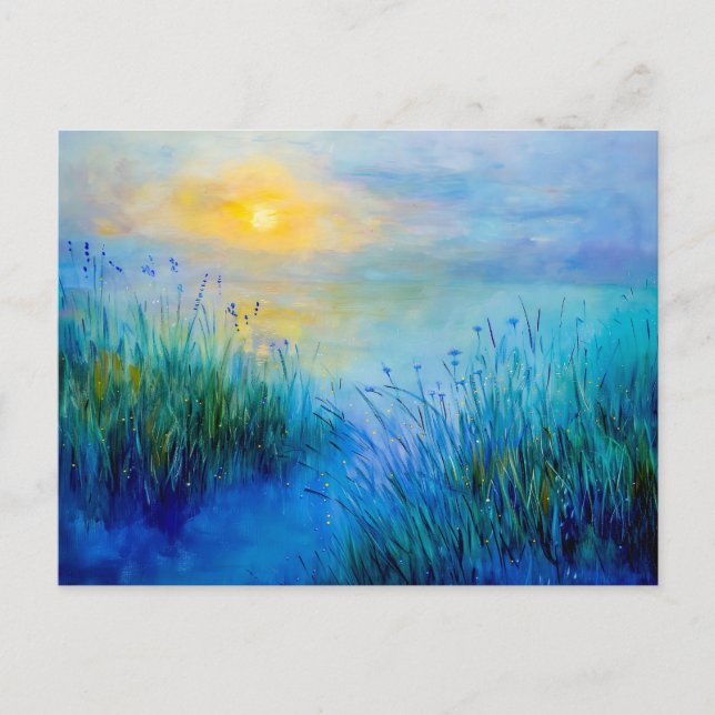 Cartão Postal De Festividades Blue Grasslands no Sunrise de manhã (Frente)
