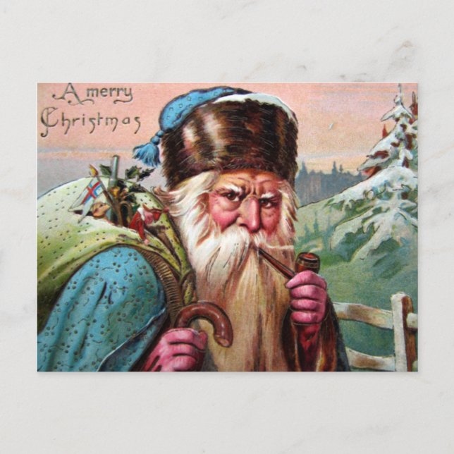Cartão Postal De Festividades Blue Robe Santa Claus Smoking Pipe - Natal (Frente)