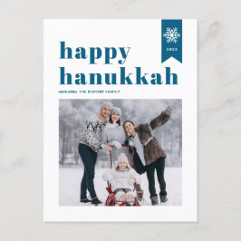 Cartão Postal De Festividades Blue Typografia Snowflakes Foto Feliz Hanukkah