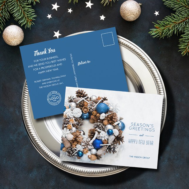 Cartão Postal De Festividades Blue White Pine Wreath Business (Blue White Pine Wreath Business Holiday Greeting Christmas Postcards)