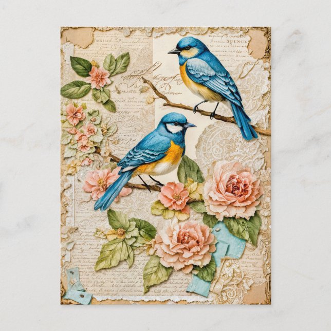 Cartão Postal De Festividades Bluebird com Rosas (Frente)