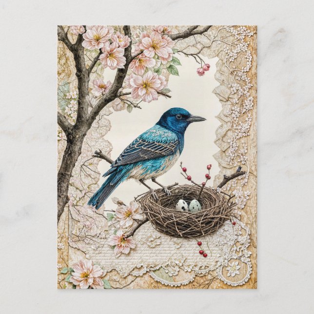 Cartão Postal De Festividades Bluebird em Blossomo com ninho (Frente)