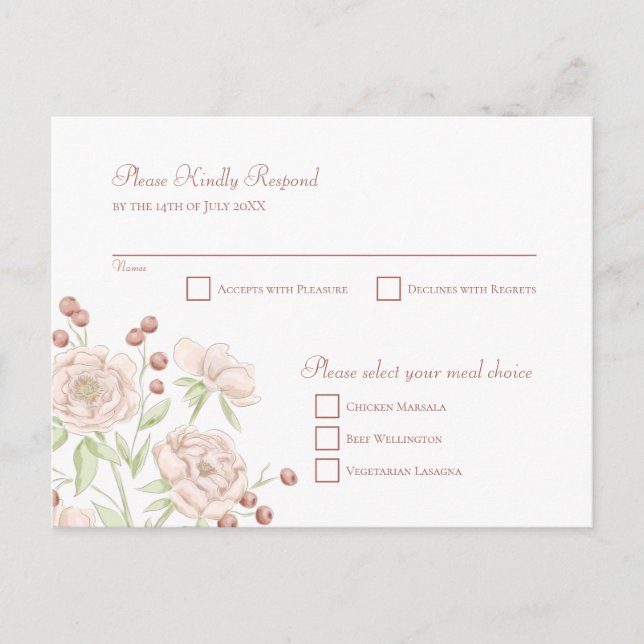 Cartão Postal De Festividades Blush Pink Rose Wedding RSVP Modern Reply (Frente)