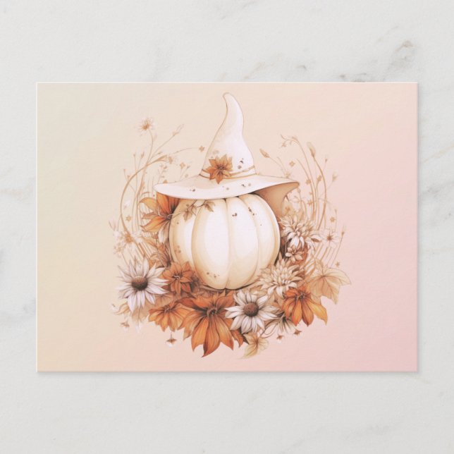 Cartão Postal De Festividades Boêmian White Pumpkins Bruxa Halloween (Frente)