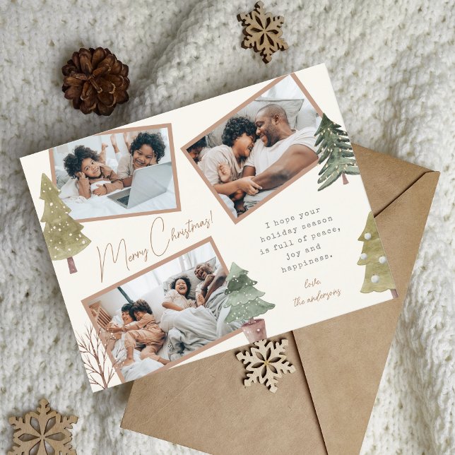Cartão Postal De Festividades Boho Chic Christmas 3 Photo Collage Pine Trees (Criador carregado)