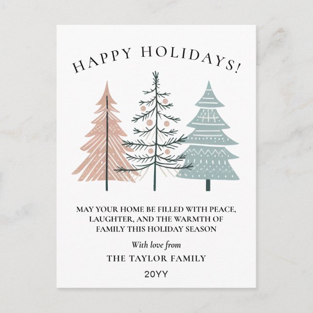 Cartão Postal De Festividades Boho Minimalist Hand Drawn Christmas Trees (Frente)