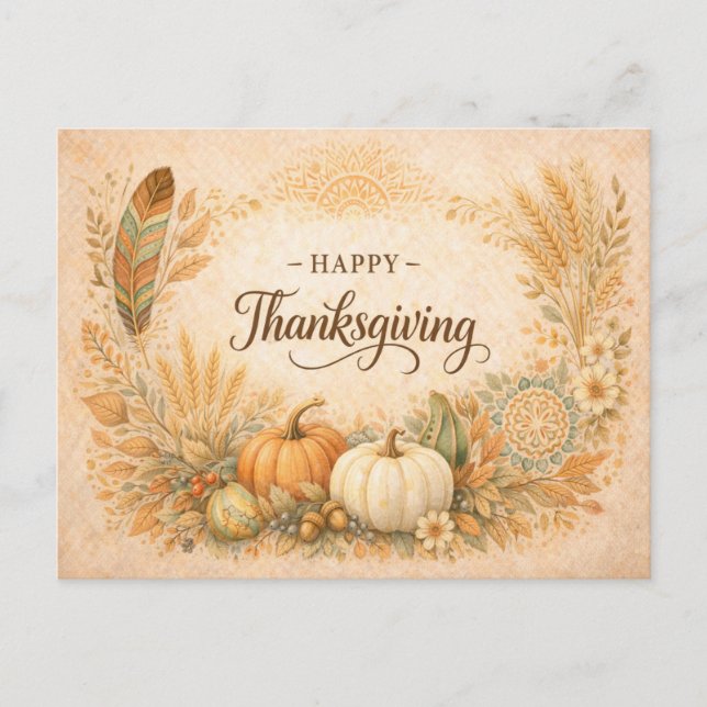 Cartão Postal De Festividades Boho Rustic Thanksgiving Pumpkin Harvest (Frente)