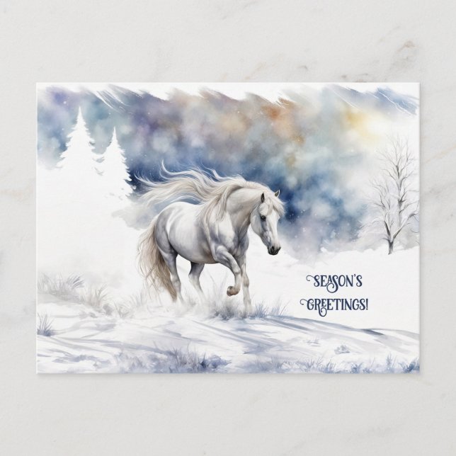 Cartão Postal De Festividades Boinas bonito para Cavalo e Neve (Frente)